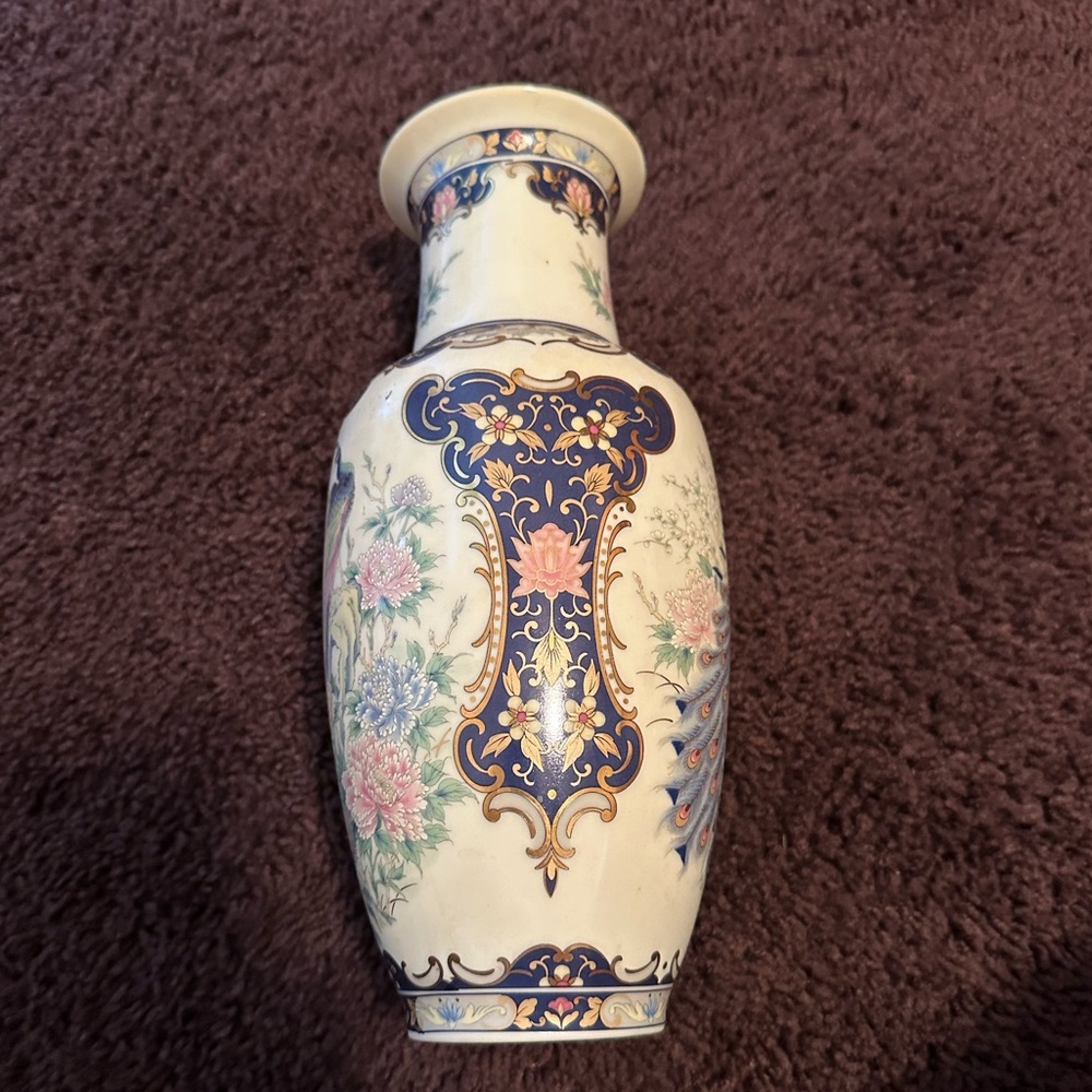Vintage Toyo Vase with Peacock, Birds, and Flowers, 8 1/4" Made In Japan.